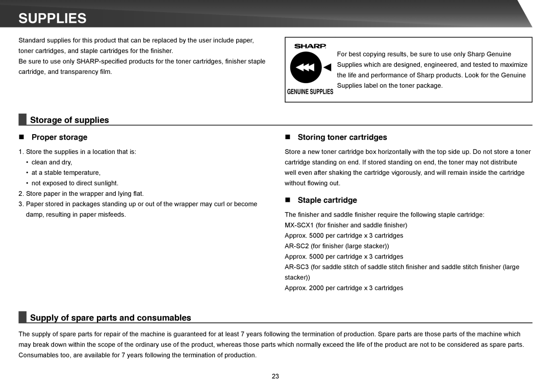 Sharp MX-4141N, MX-4140N, MX-5140N, MX-5141N quick start Supplies, Storage of supplies, Supply of spare parts and consumables 