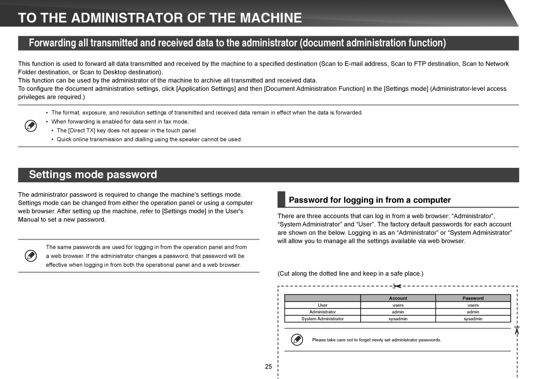 Sharp MX-5140N To the Administrator of the Machine, Settings mode password, Password for logging in from a computer 