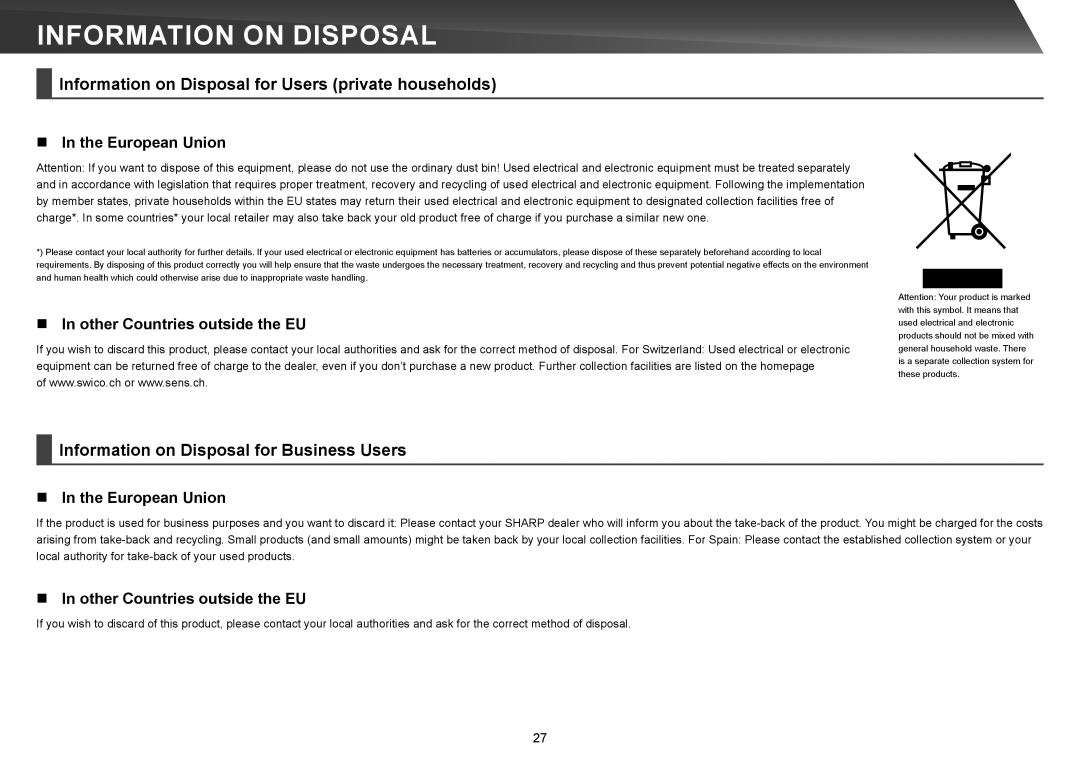 Sharp MX-4141N, MX-4140N, MX-5140N, MX-5141N quick start Information on Disposal 