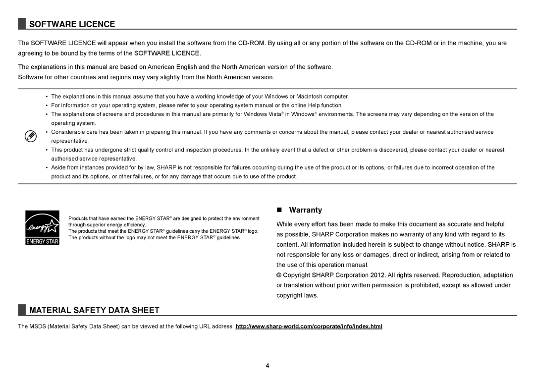 Sharp MX-4140N, MX-5140N, MX-5141N, MX-4141N quick start Material Safety Data Sheet 