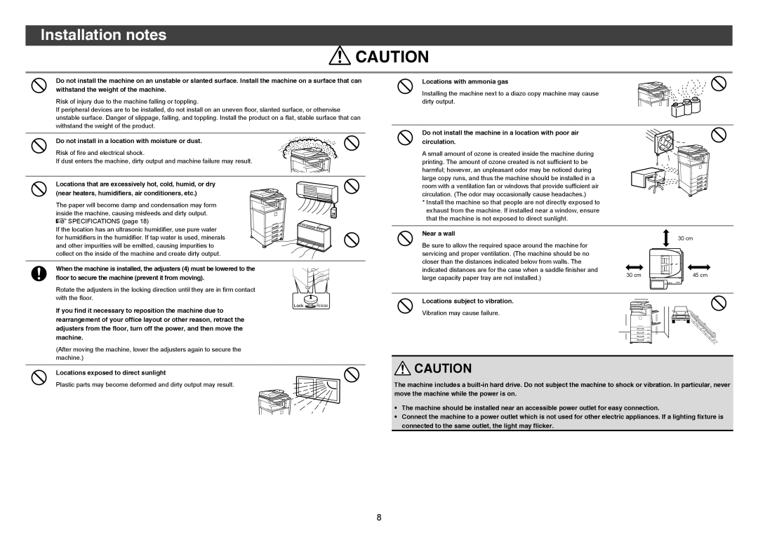 Sharp MX-4140N, MX-5140N, MX-5141N, MX-4141N Installation notes, Do not install in a location with moisture or dust 