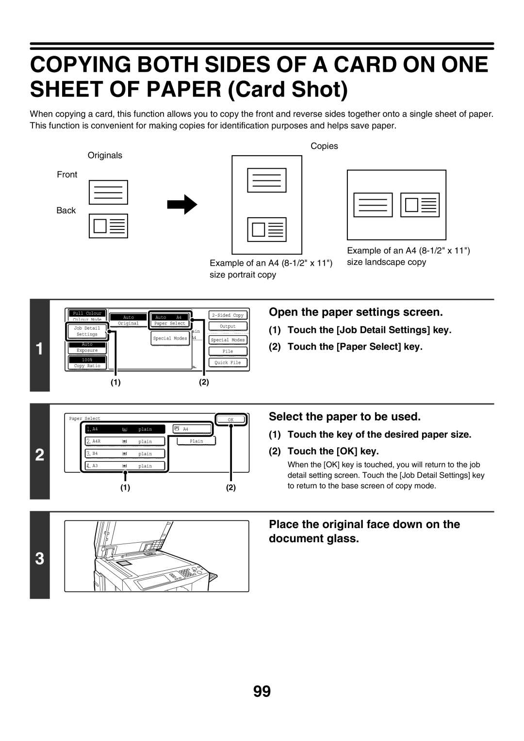 Sharp MX-2300N, MX-4501N, MX-2700N Select the paper to be used, Touch the key of the desired paper size Touch the OK key 