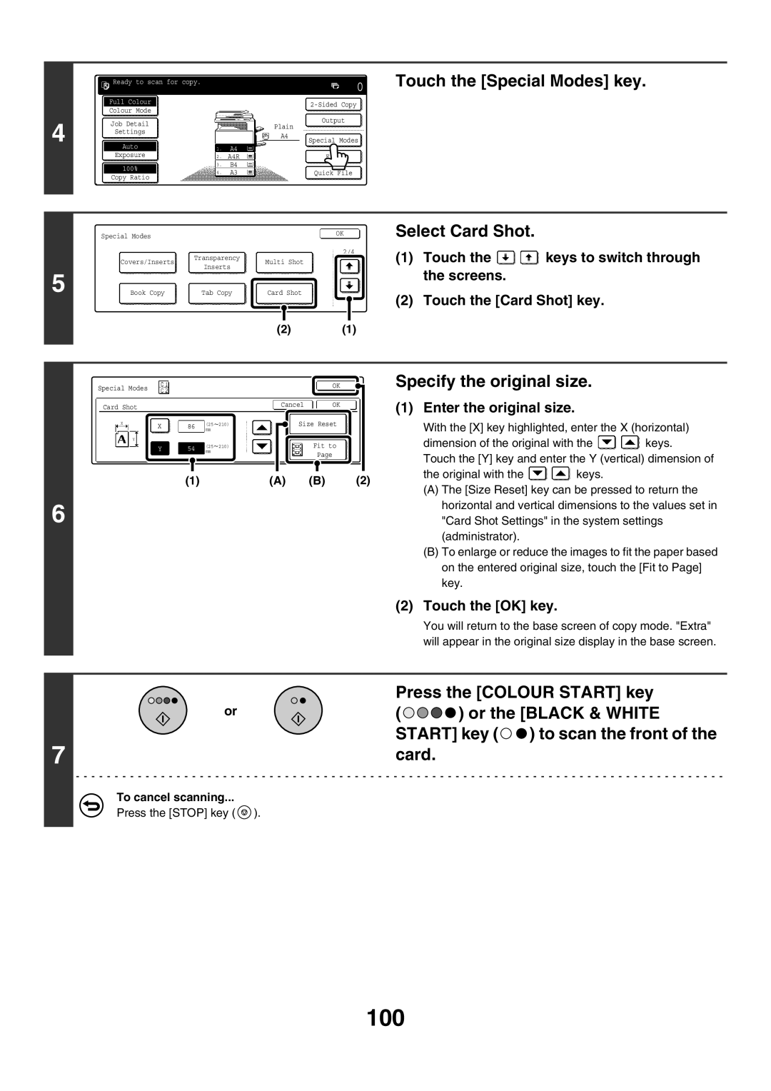 Sharp MX-2700G manual 100, Select Card Shot, OKSpecify the original size, Touch the Card Shot key, Enter the original size 