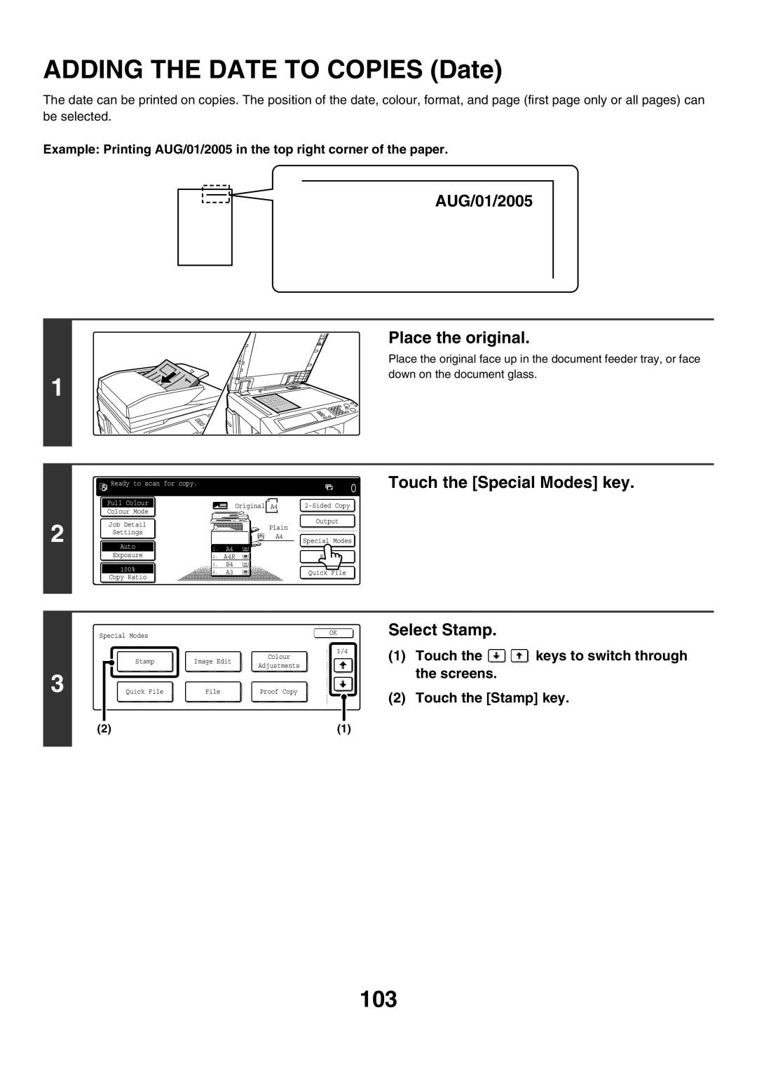 Sharp MX-4501N, MX-2700N, MX-2300G 103, AUG/01/2005 Place the original, Select Stamp, Touch Keys to switch through Screens 