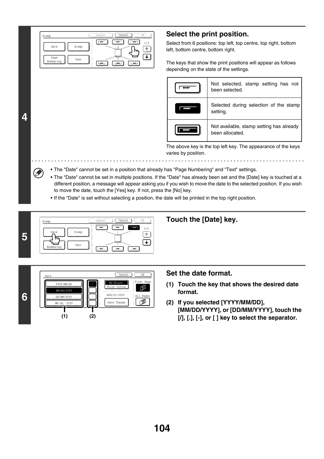 Sharp MX-2700N, MX-4501N, MX-2300G, MX-3501N manual 104, Select the print position, Touch the Date key, Set the date format 