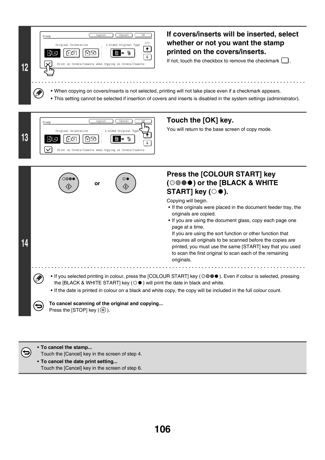 Sharp MX-3501N, MX-4501N, MX-2700N, MX-2300G, MX-2300N, MX-2700G 106, To cancel the stamp, To cancel the date print setting 