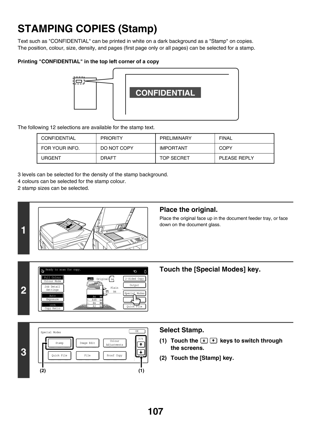 Sharp MX-2300N, MX-4501N, MX-2700N, MX-2300G, MX-3501N, MX-2700G 107, Printing Confidential in the top left corner of a copy 