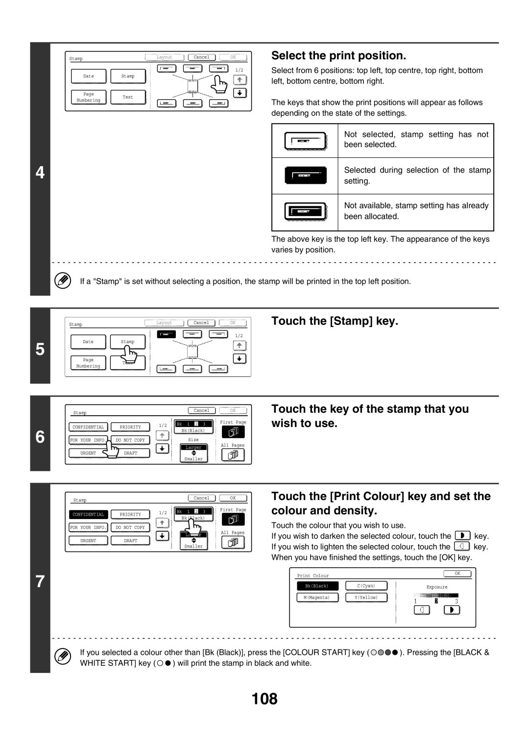 Sharp MX-2700G, MX-4501N, MX-2700N, MX-2300G manual 108, Touch the Stamp key, Touch the key of the stamp that you wish to use 