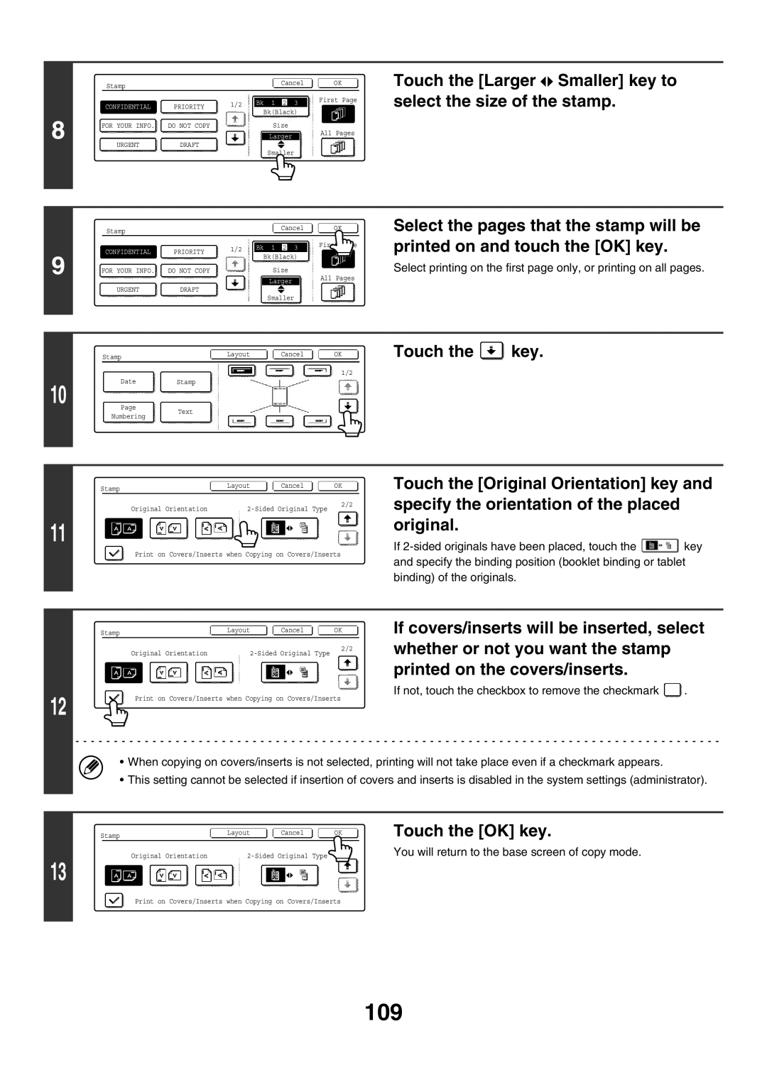 Sharp MX-3500N, MX-4501N, MX-2700N, MX-2300G, MX-3501N manual 109, Touch the Larger Smaller key to select the size of the stamp 