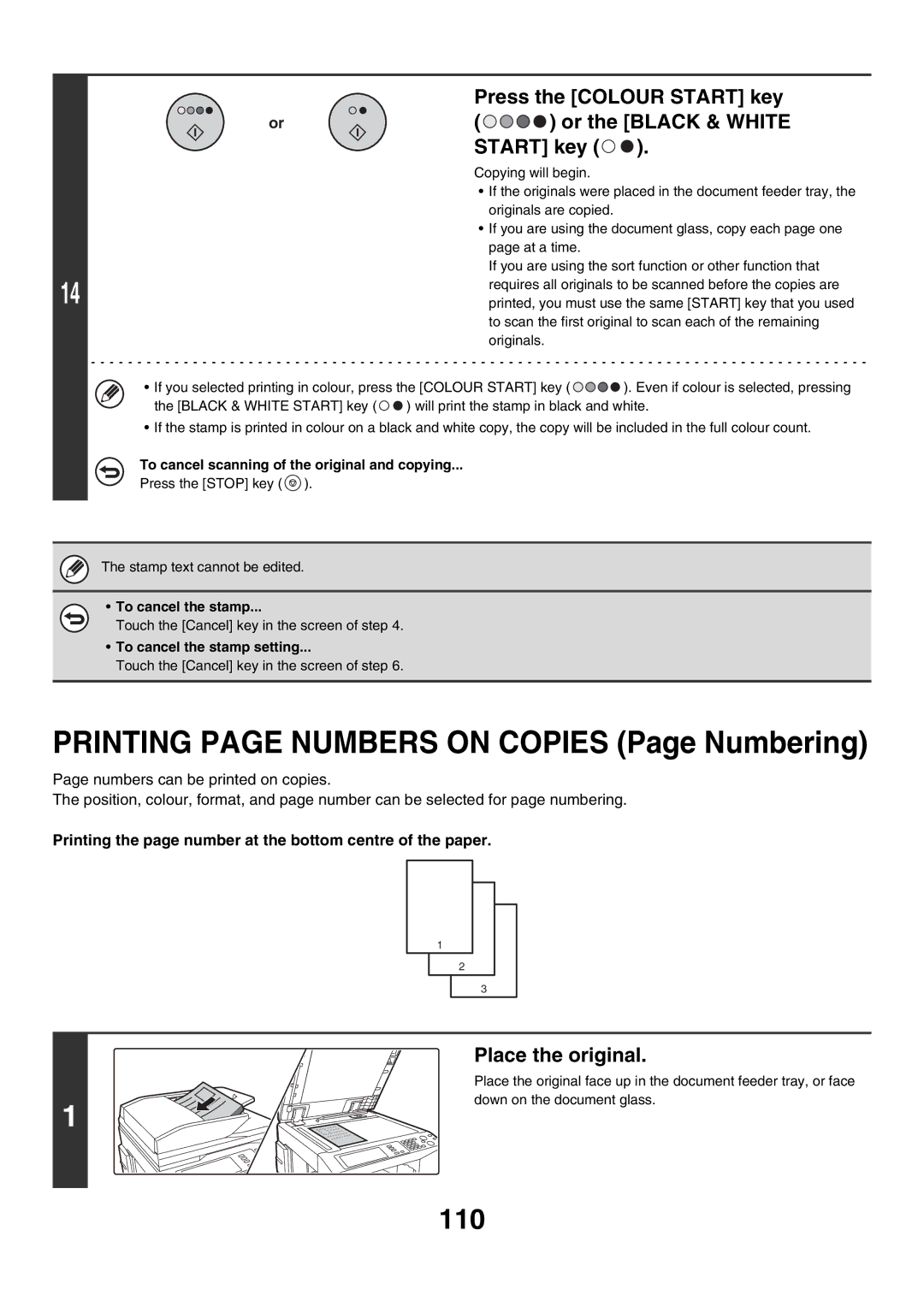 Sharp MX-4500N, MX-4501N manual 110, Printing the page number at the bottom centre of the paper, To cancel the stamp setting 