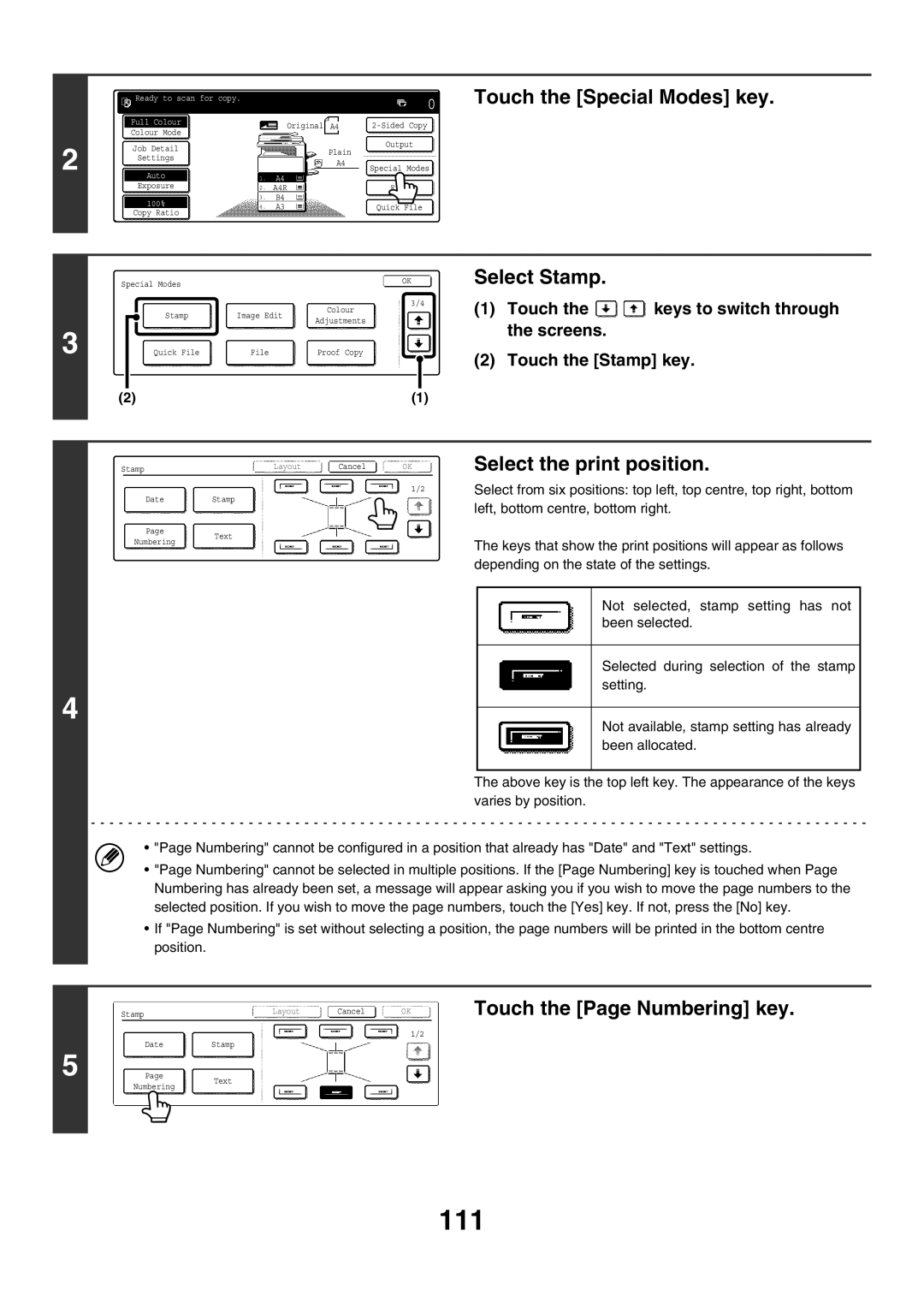 Sharp MX-4501N, MX-2700N, MX-2300G, MX-3501N, MX-2300N, MX-2700G, MX-3500N, MX-4500N manual 111, Touch the Page Numbering key 