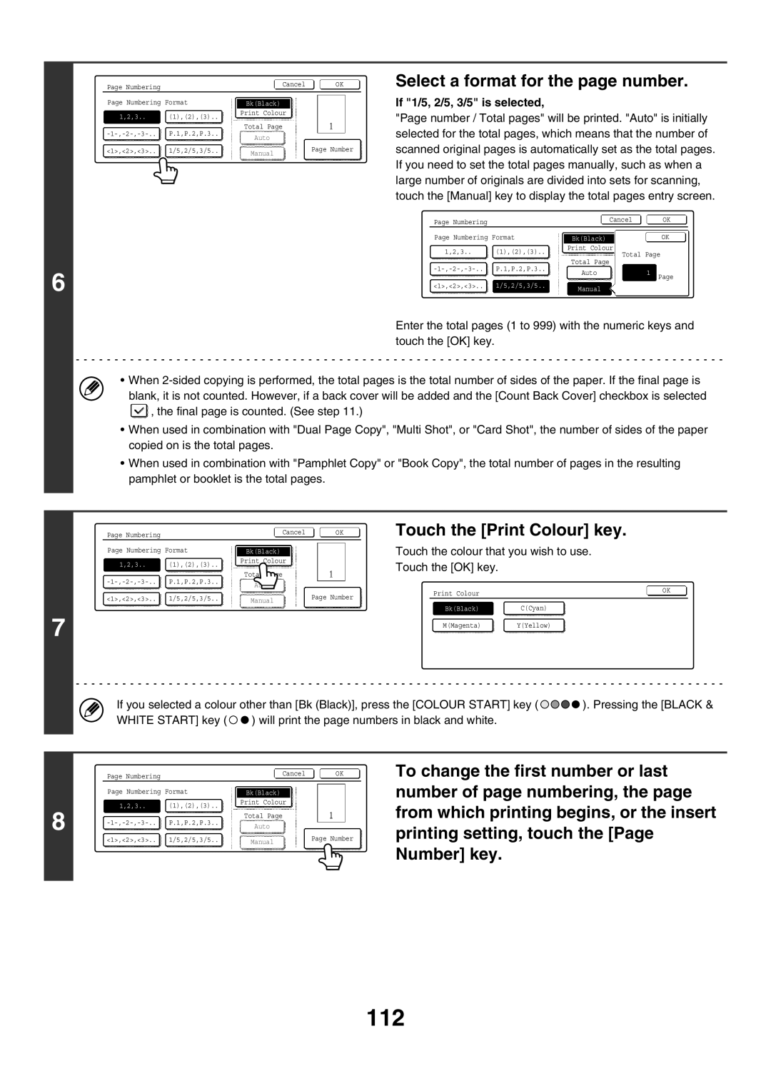 Sharp MX-2700N manual 112, Select a format for the page number, Touch the Print Colour key, If 1/5, 2/5, 3/5 is selected 