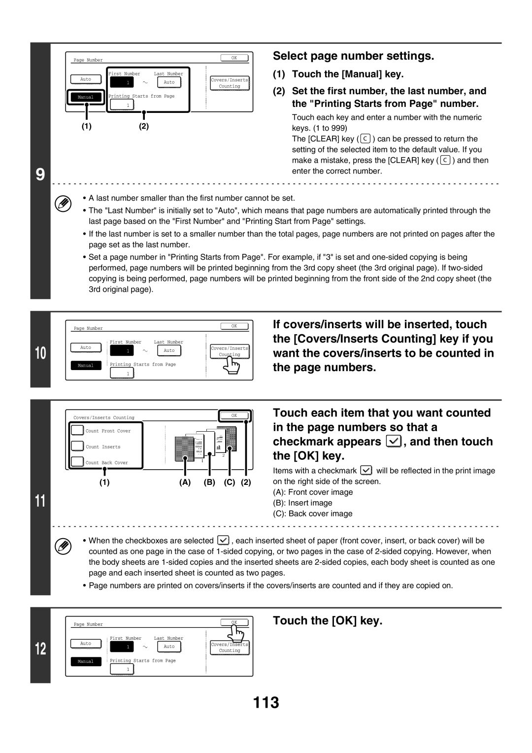 Sharp MX-2300G, MX-4501N, MX-2700N, MX-3501N, MX-2300N, MX-2700G, MX-3500N, MX-4500N manual 113, Select page number settings 