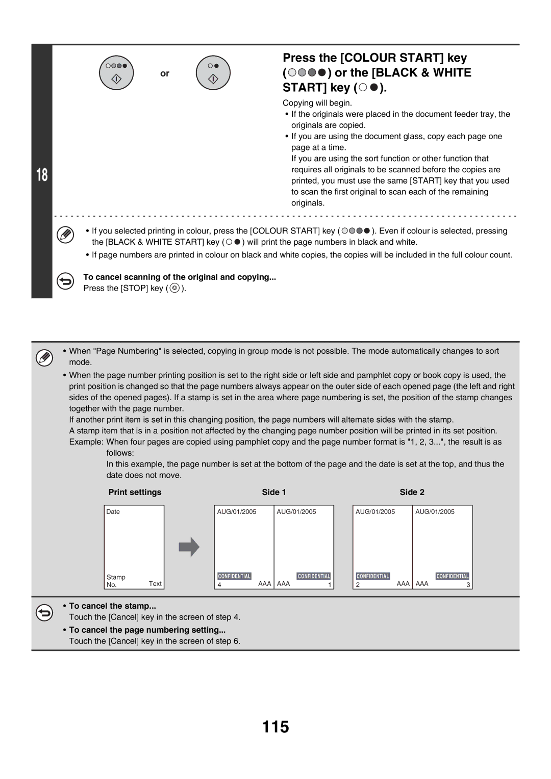 Sharp MX-2300N, MX-4501N, MX-2700N, MX-2300G, MX-3501N manual 115, Print settings, Side, To cancel the page numbering setting 