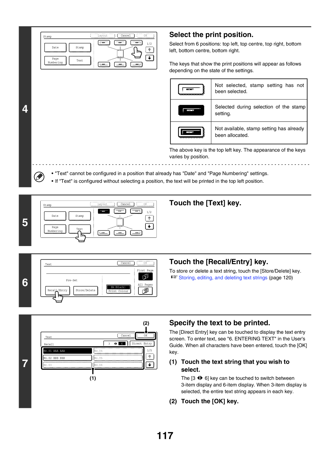 Sharp MX-3500N, MX-4501N, MX-2700N manual 117, Touch the Text key, Touch the Recall/Entry key, Specify the text to be printed 