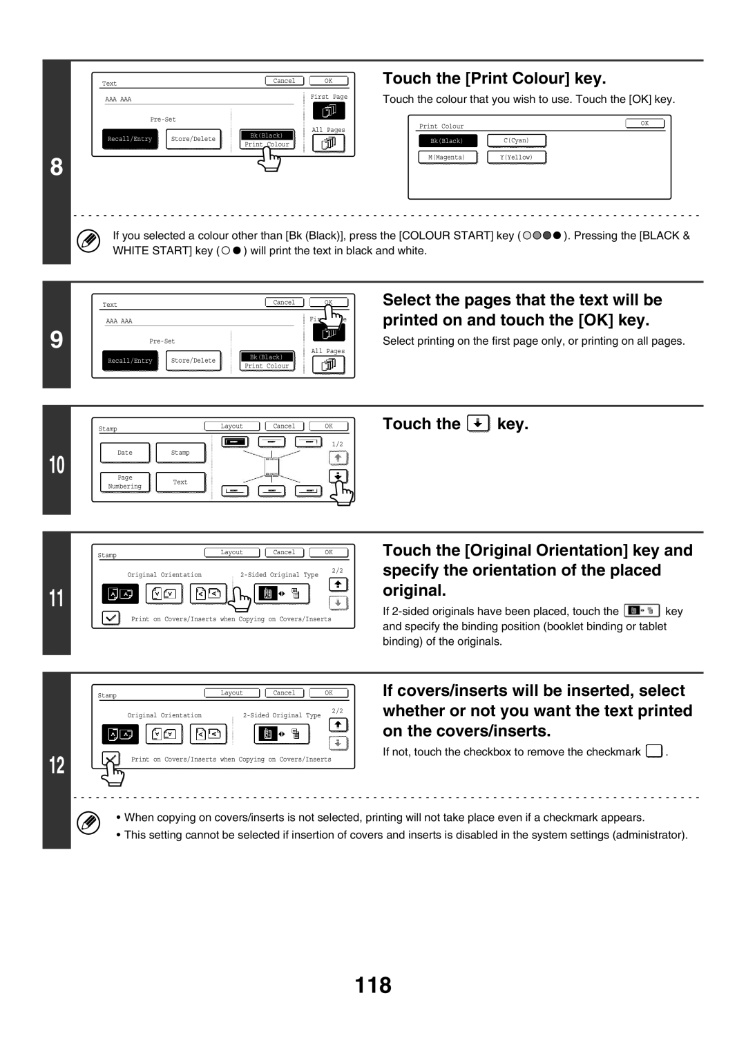 Sharp MX-4500N, MX-4501N, MX-2700N, MX-2300G, MX-3501N, MX-2300N 118, Touch the colour that you wish to use. Touch the OK key 