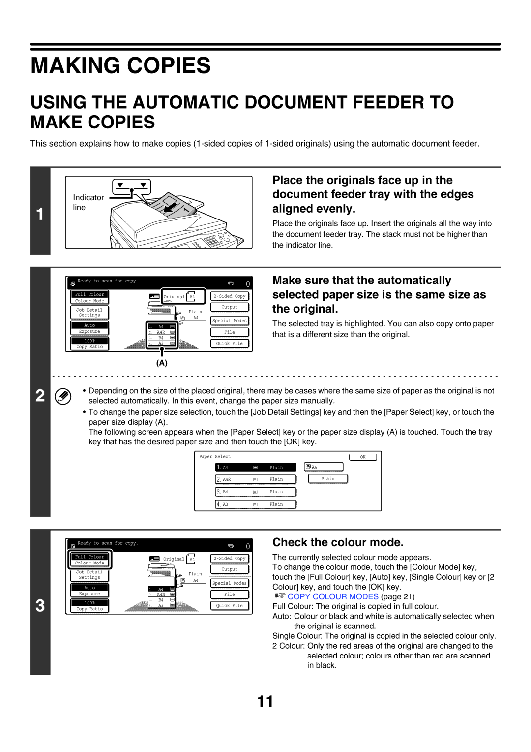 Sharp MX-2300N, MX-4501N, MX-2700N Making Copies, Using the Automatic Document Feeder to Make Copies, Check the colour mode 