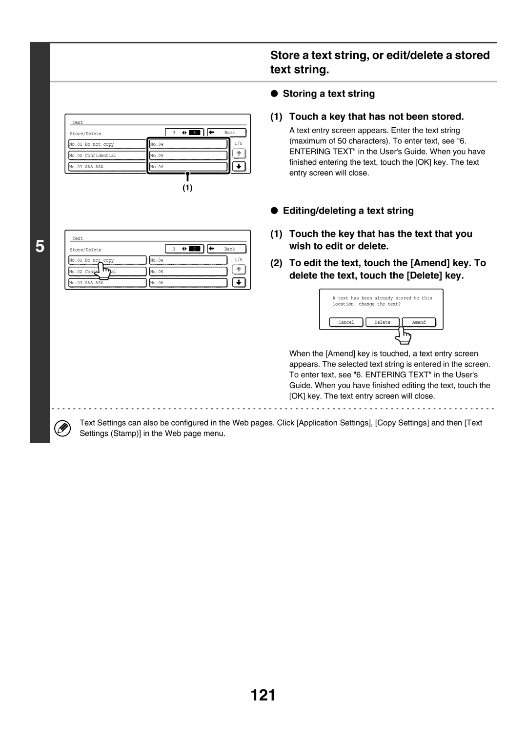 Sharp MX-2300G, MX-4501N 121, Store a text string, or edit/delete a stored text string, Editing/deleting a text string 