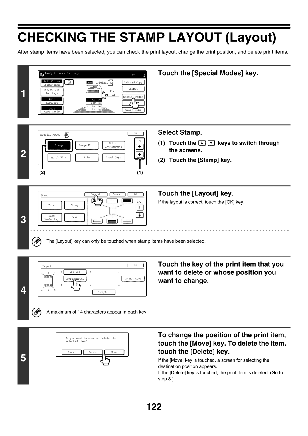 Sharp MX-3501N, MX-4501N, MX-2700N, MX-2300G, MX-2300N, MX-2700G Checking the Stamp Layout Layout, 122, Touch the Layout key 