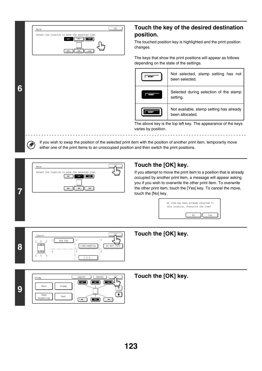 Sharp MX-2300N, MX-4501N, MX-2700N, MX-2300G, MX-3501N, MX-2700G manual 123, Touch the key of the desired destination, Position 