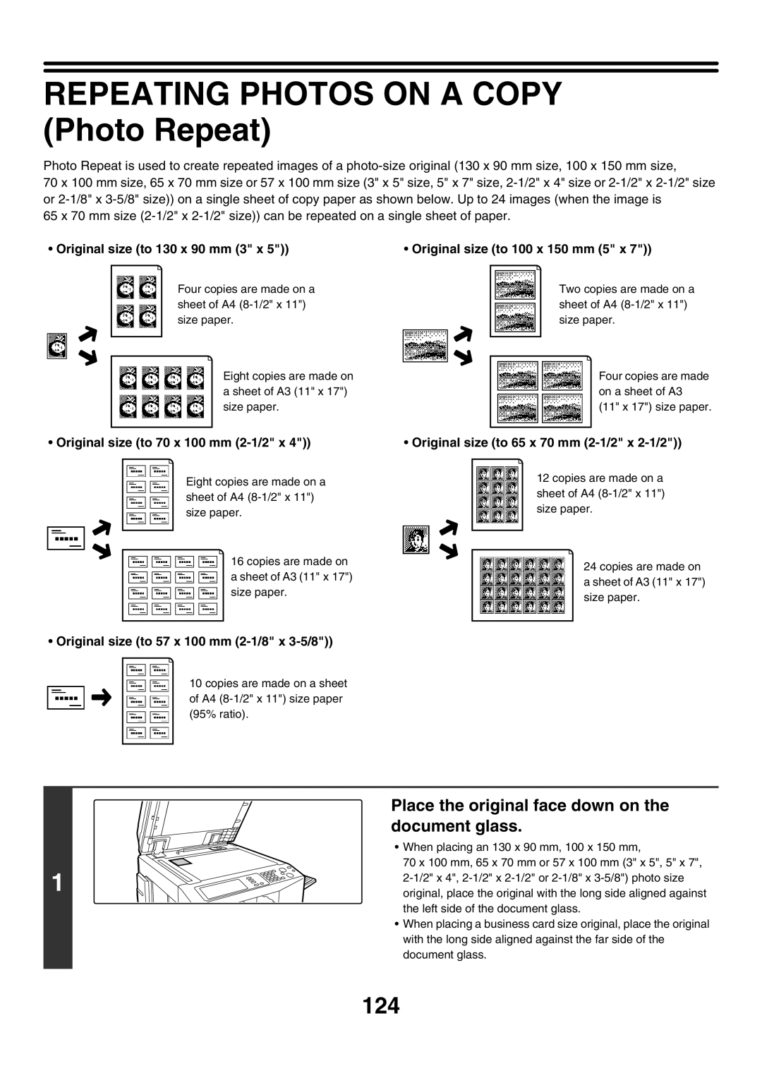 Sharp MX-2700G, MX-4501N Repeating Photos on a Copy Photo Repeat, 124, Place the original face down on, Document glass 
