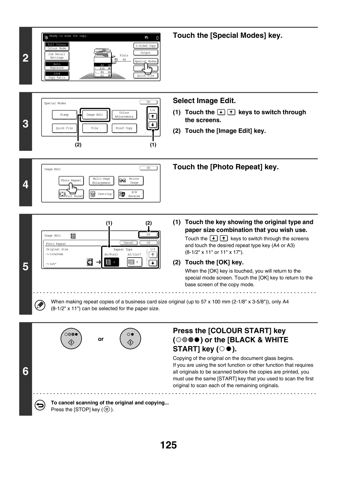 Sharp MX-3500N, MX-4501N, MX-2700N, MX-2300G, MX-3501N, MX-2300N, MX-2700G 125, Select Image Edit, Touch the Photo Repeat key 