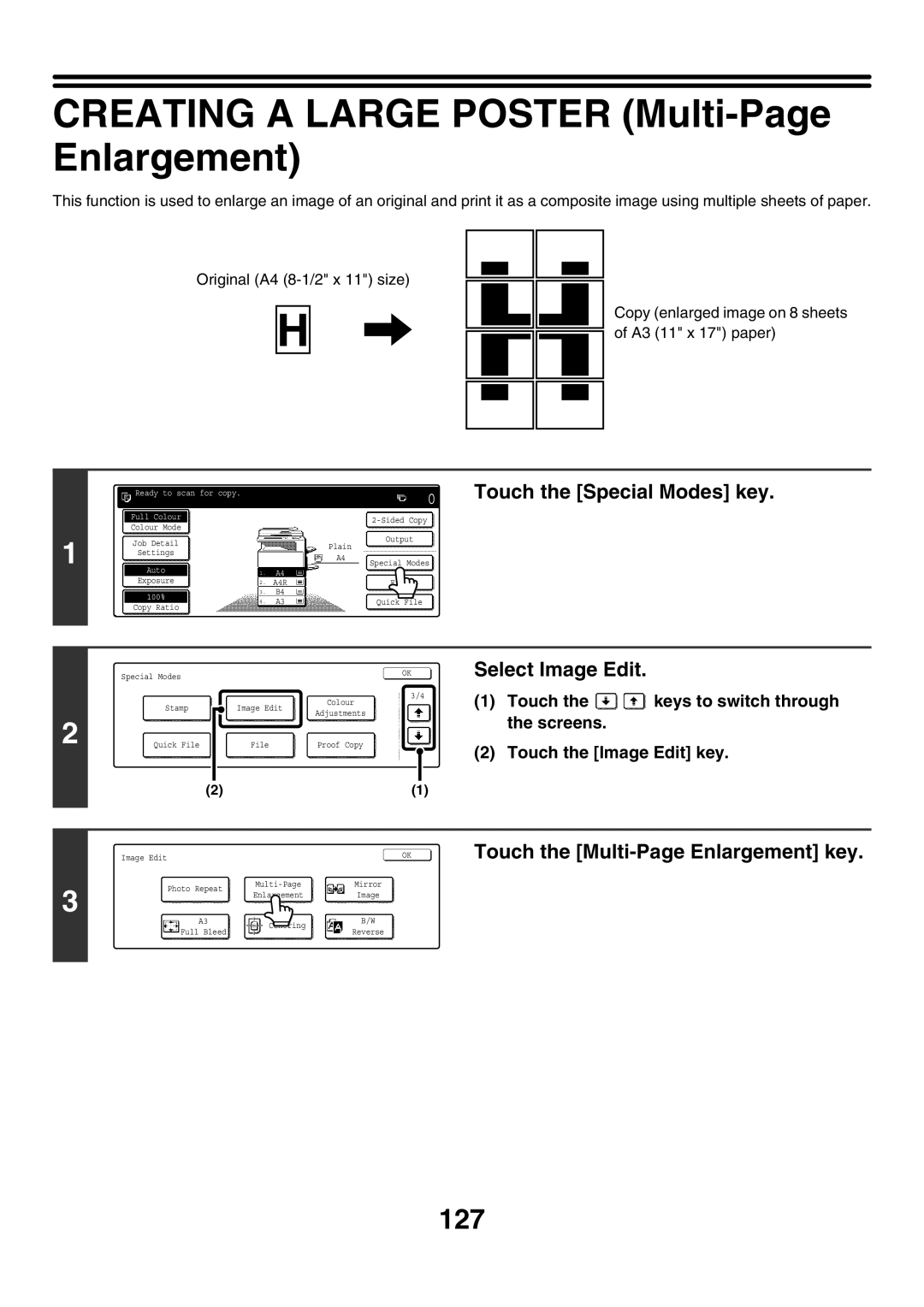 Sharp MX-4501N, MX-2700N manual Creating a Large Poster Multi-Page Enlargement, 127, Touch the Multi-Page Enlargement key 