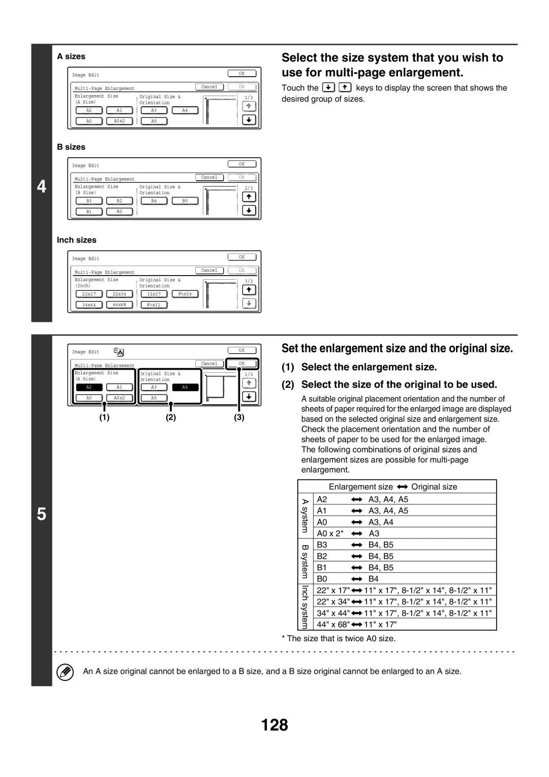 Sharp MX-2700N, MX-4501N, MX-2300G manual 128, Set the enlargement size and the original size, Select the enlargement size 