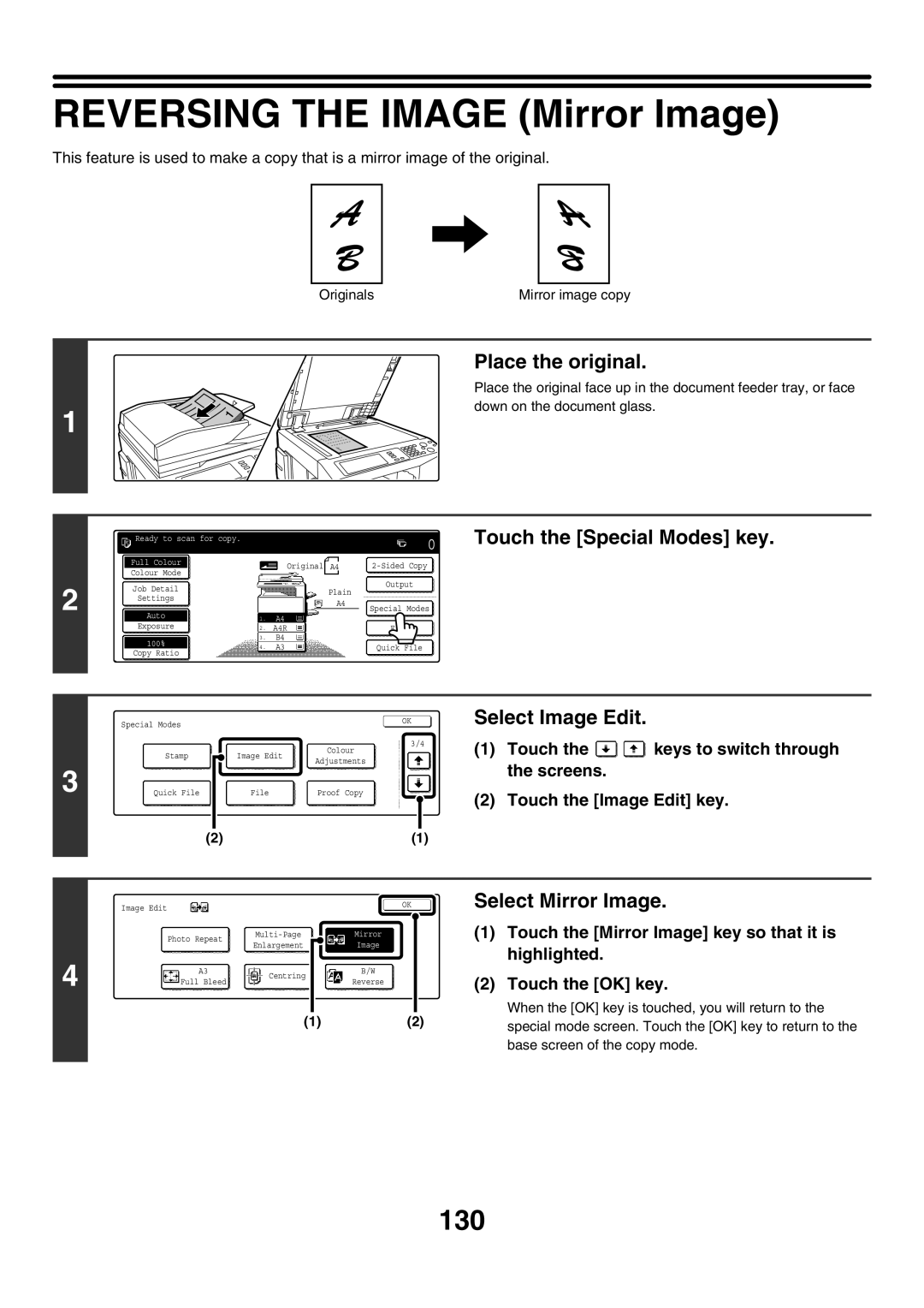 Sharp MX-3501N manual Reversing the Image Mirror Image, 130, Select Mirror Image, Touch the Mirror Image key so that it is 