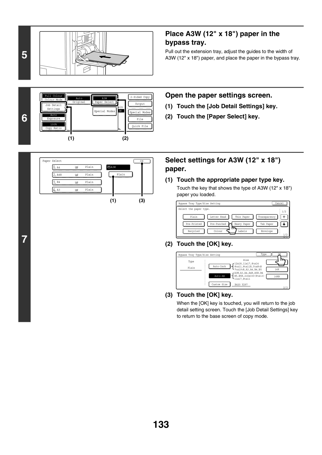 Sharp MX-3500N, MX-4501N, MX-2700N manual 133, Place A3W 12 x 18 paper, Bypass tray, Select settings for A3W 12 x 18 paper 