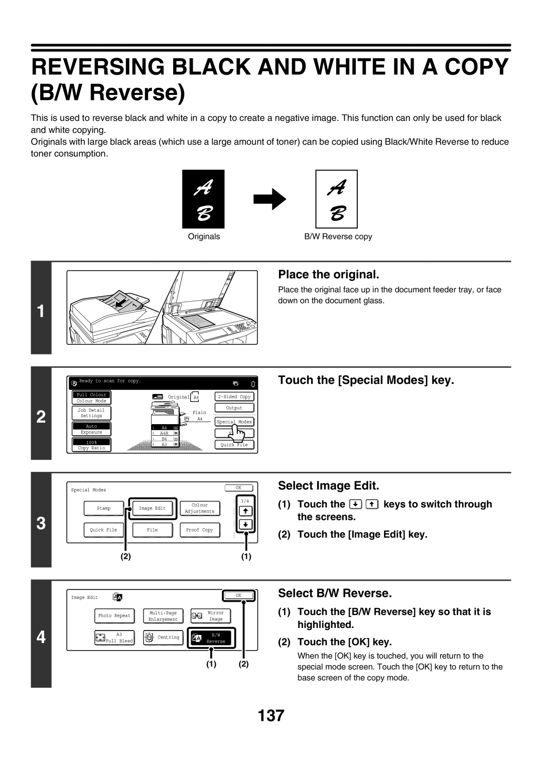 Sharp MX-2300G, MX-4501N, MX-2700N, MX-3501N manual Reversing Black and White in a Copy B/W Reverse, 137, Select B/W Reverse 