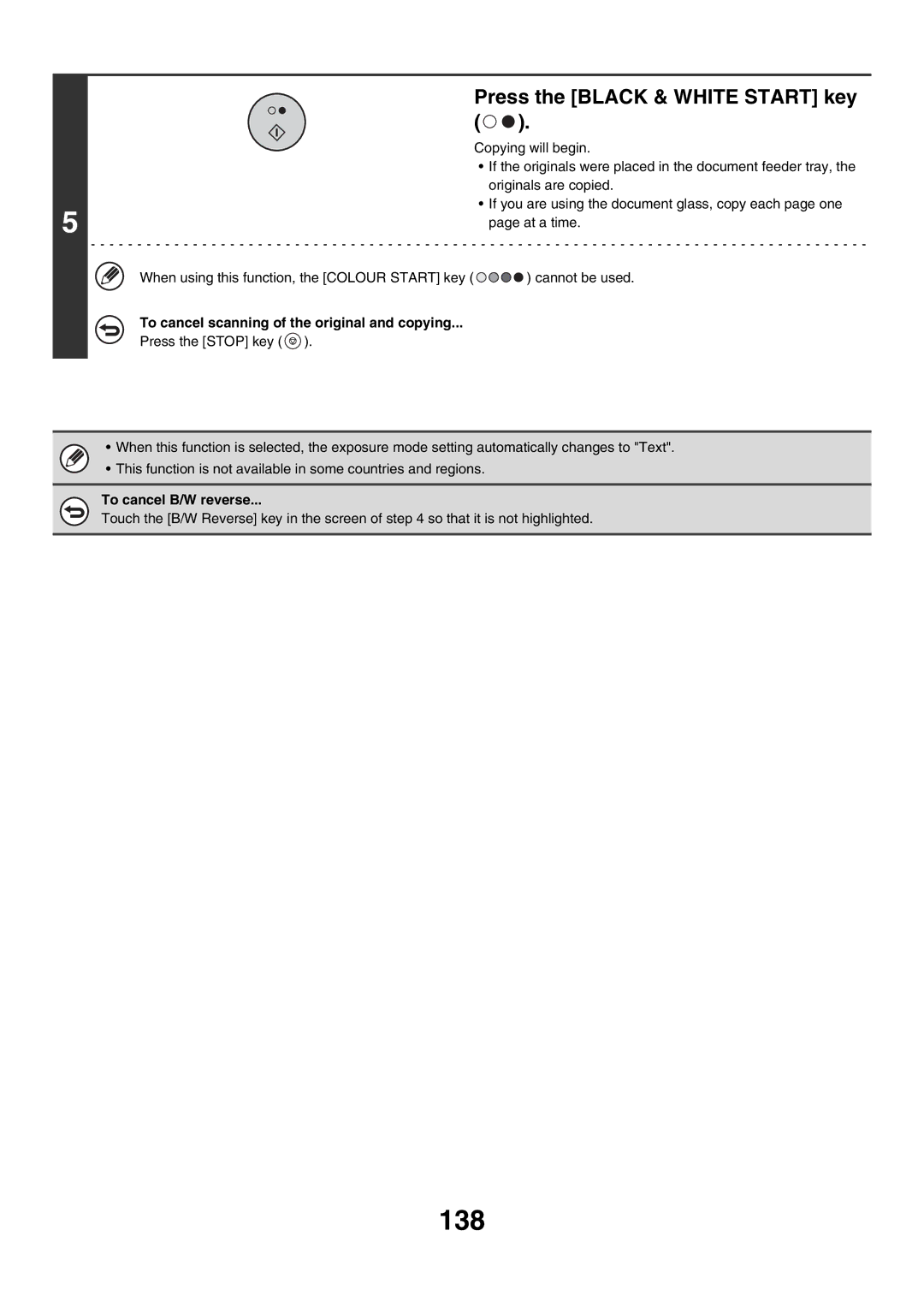 Sharp MX-3501N, MX-4501N, MX-2700N, MX-2300G, MX-2300N, MX-2700G 138, Press the Black & White Start key, To cancel B/W reverse 