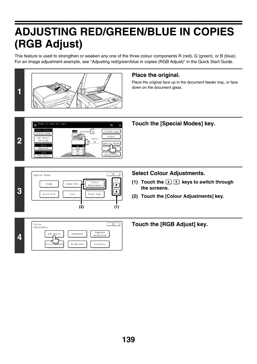 Sharp MX-2300N Adjusting RED/GREEN/BLUE in Copies RGB Adjust, 139, Select Colour Adjustments, Touch the RGB Adjust key 