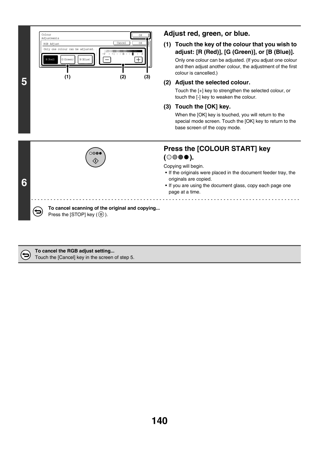 Sharp MX-2700G, MX-4501N 140, Adjust red, green, or blue, Adjust the selected colour, To cancel the RGB adjust setting 