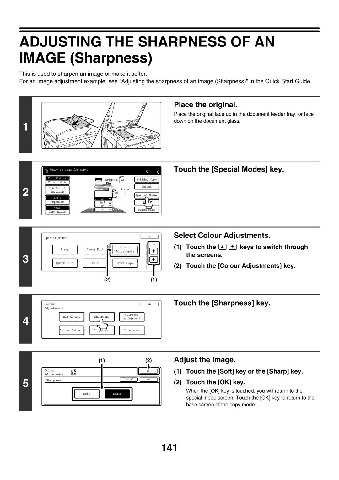 Sharp MX-3500N, MX-4501N Adjusting the Sharpness of AN Image Sharpness, 141, Touch the Sharpness key, Adjust the image 