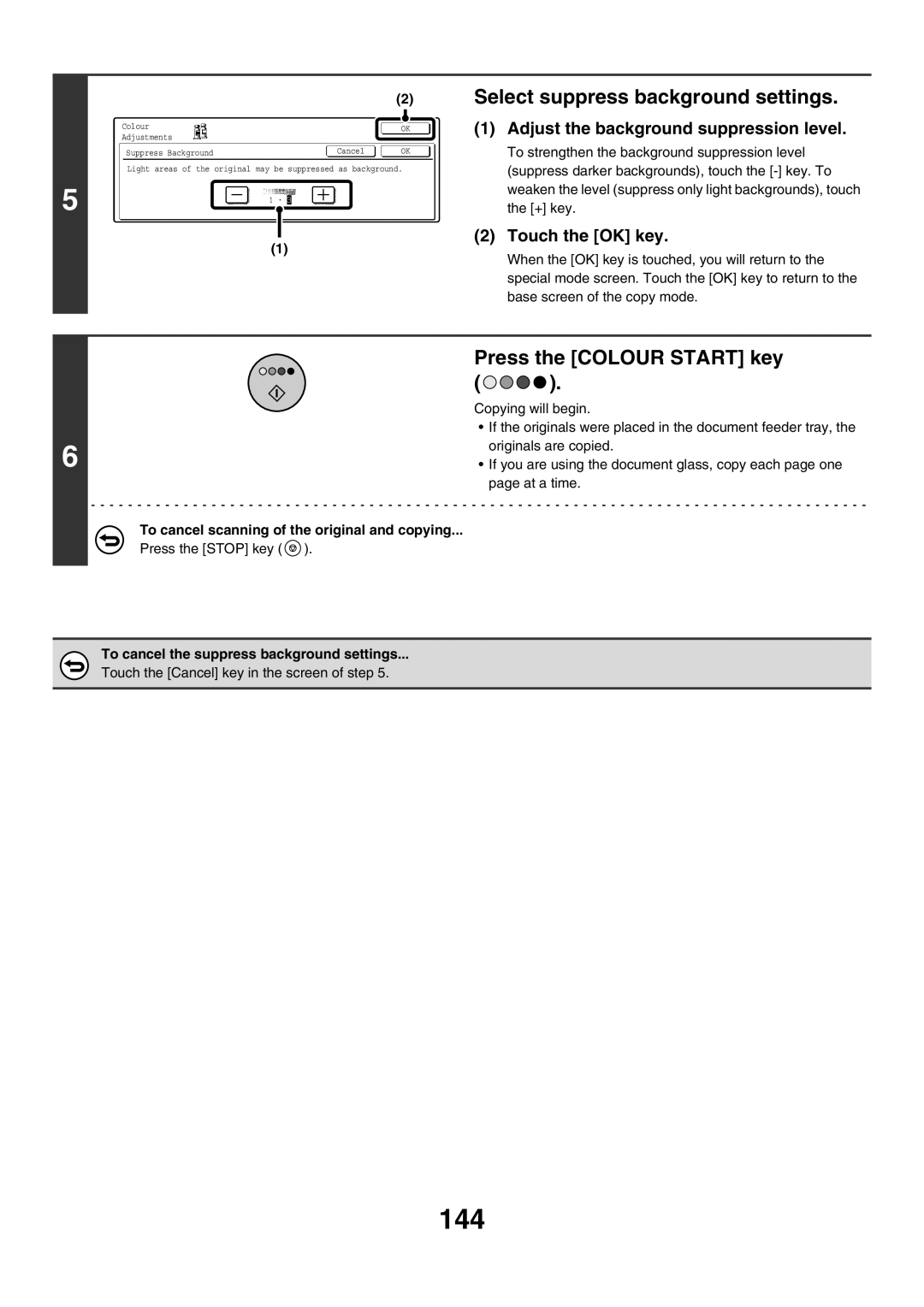 Sharp MX-2700N, MX-4501N, MX-2300G manual 144, Select suppress background settings, Adjust the background suppression level 