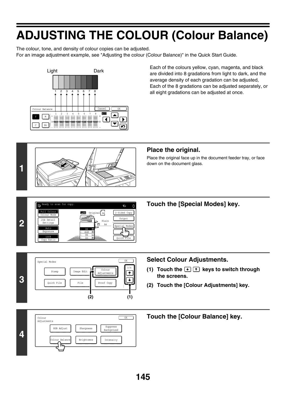 Sharp MX-2300G, MX-4501N, MX-2700N, MX-3501N, MX-2300N Adjusting the Colour Colour Balance, 145, Touch the Colour Balance key 