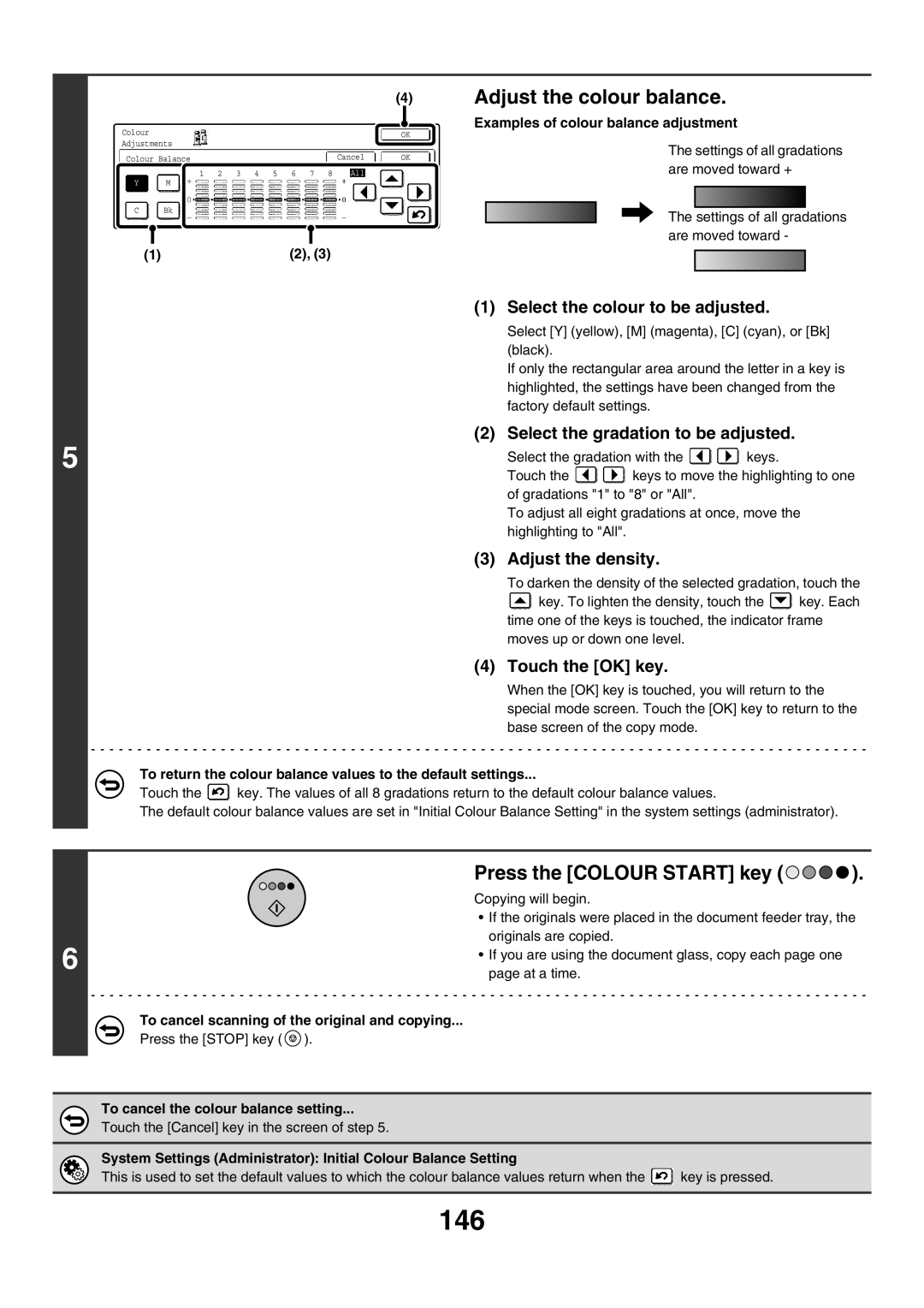 Sharp MX-3501N manual 146, Adjust the colour balance, Select the colour to be adjusted, Select the gradation to be adjusted 