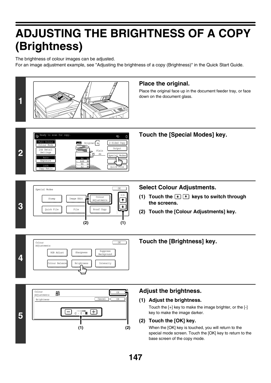 Sharp MX-2300N manual Adjusting the Brightness of a Copy Brightness, 147, Touch the Brightness key, Adjust the brightness 