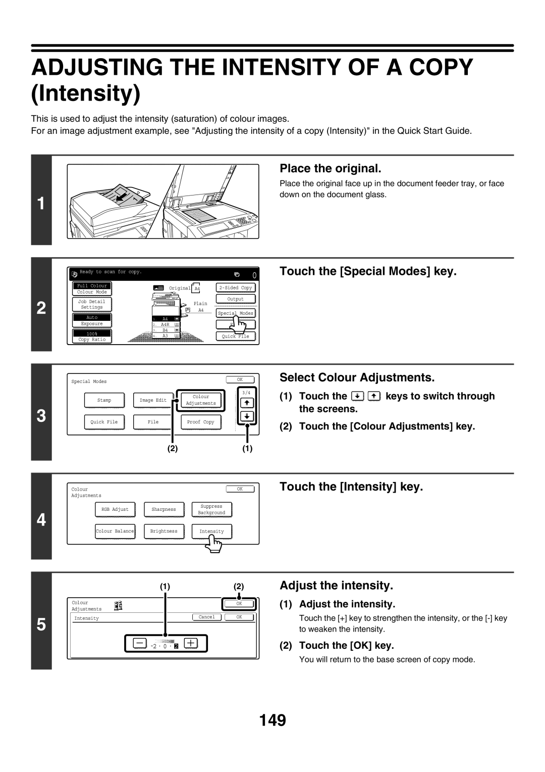 Sharp MX-3500N, MX-4501N Adjusting the Intensity of a Copy Intensity, 149, Touch the Intensity key Adjust the intensity 