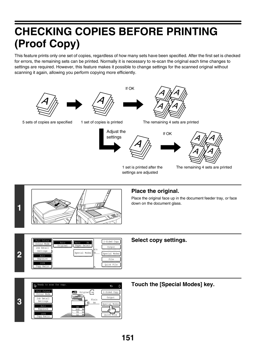 Sharp MX-4501N, MX-2700N, MX-2300G, MX-3501N, MX-2300N Checking Copies Before Printing Proof Copy, 151, Select copy settings 