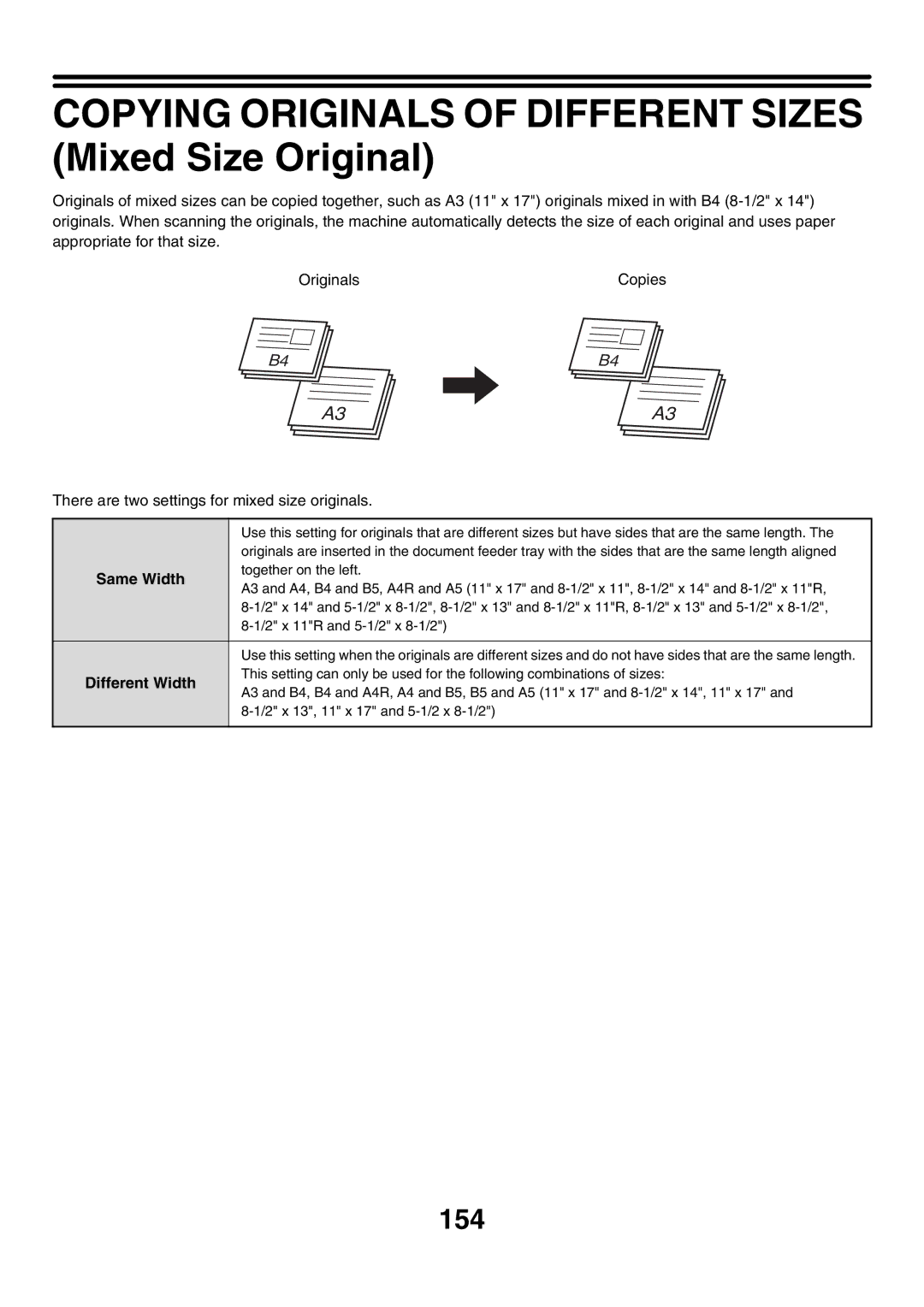 Sharp MX-3501N, MX-4501N manual Copying Originals of Different Sizes Mixed Size Original, 154, Different Width, Same Width 