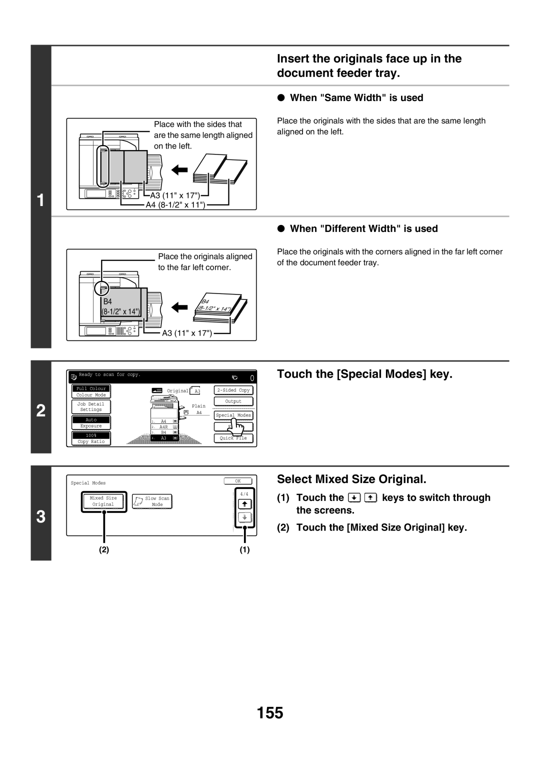 Sharp MX-2300N, MX-4501N, MX-2700N manual 155, Insert the originals face up, Document feeder tray, Select Mixed Size Original 