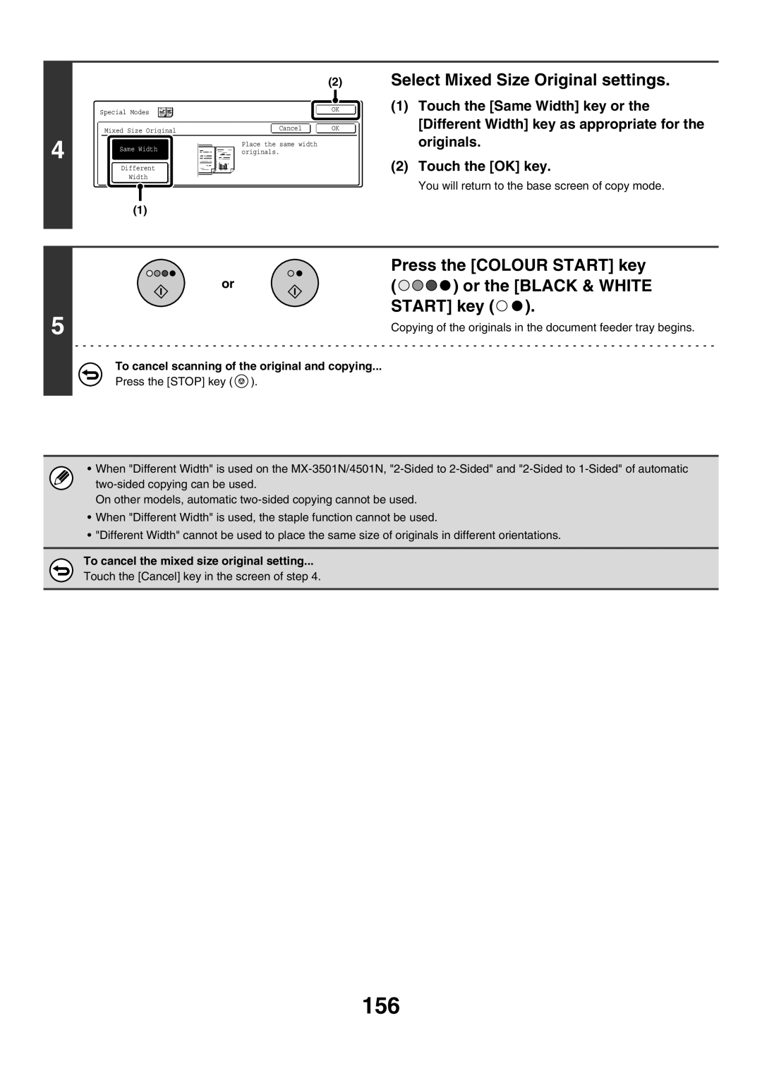 Sharp MX-2700G, MX-4501N, MX-2700N manual 156, Select Mixed Size Original settings, Touch the Same Width key or, Originals 