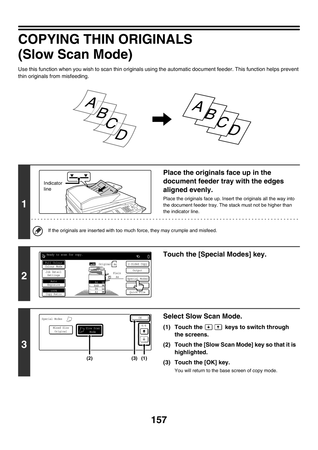 Sharp MX-3500N, MX-4501N, MX-2700N, MX-2300G, MX-3501N manual Copying Thin Originals Slow Scan Mode, 157, Select Slow Scan Mode 