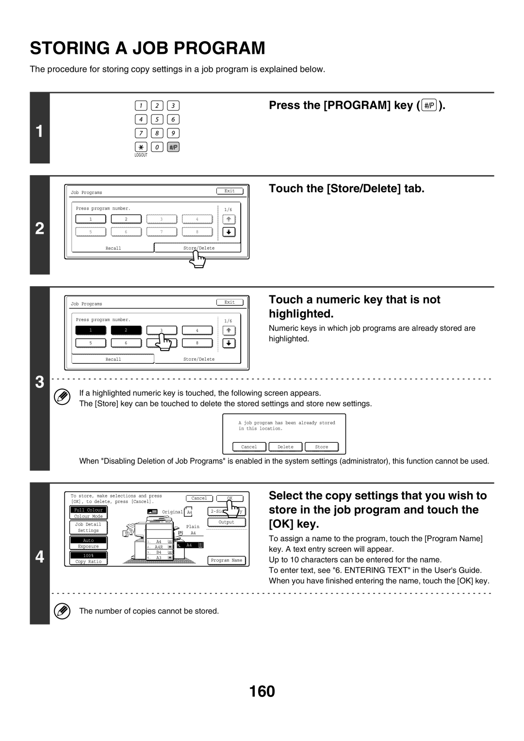 Sharp MX-2700N, MX-4501N, MX-2300G, MX-3501N Storing a JOB Program, 160, Press the Program key, Touch the Store/Delete tab 