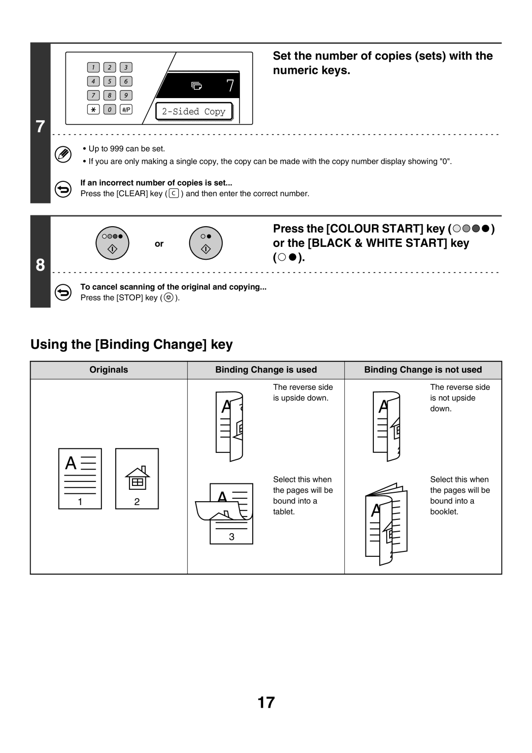 Sharp MX-2300G, MX-4501N manual Using the Binding Change key, Originals Binding Change is used Binding Change is not used 