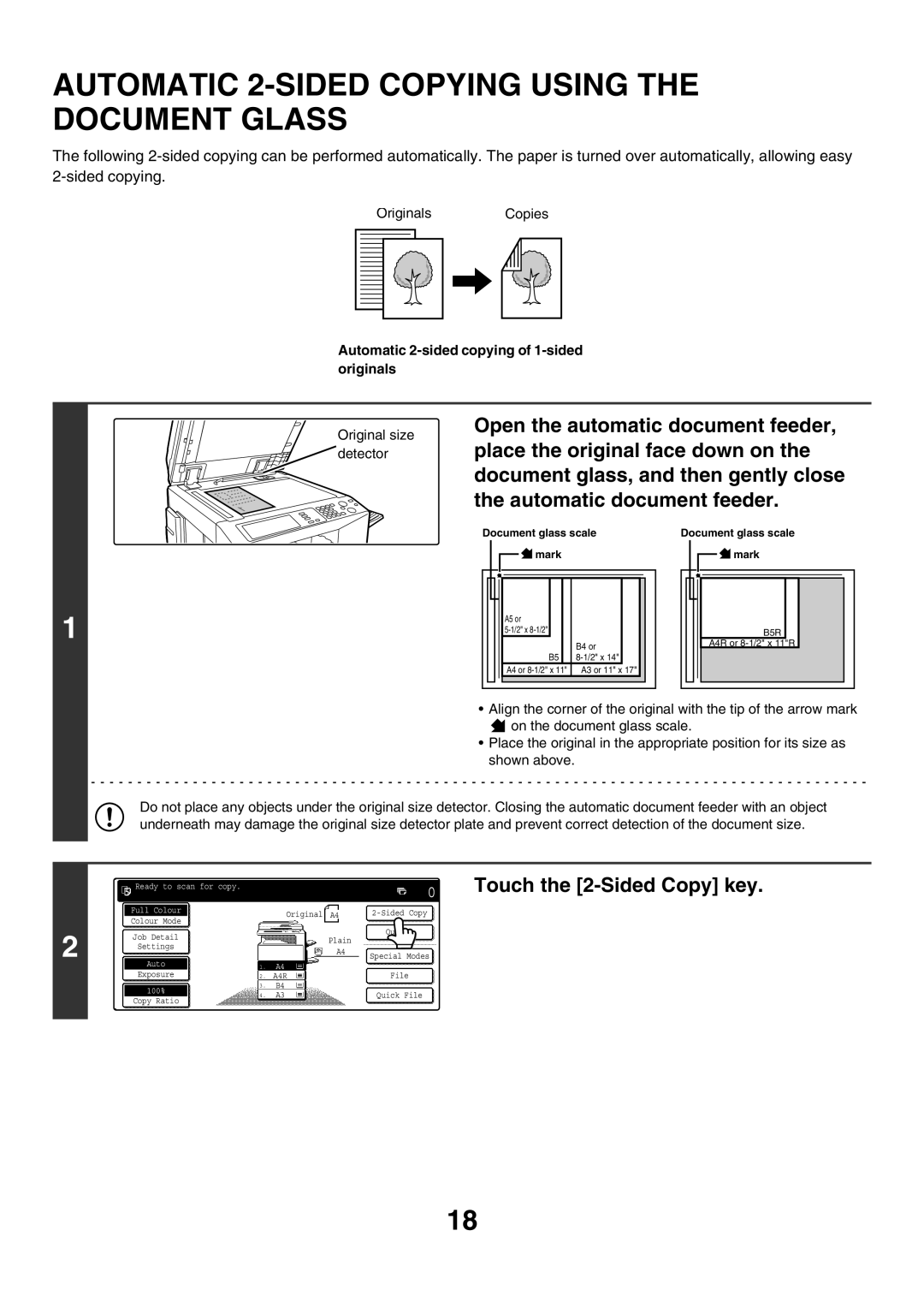 Sharp MX-3501N manual Automatic 2-SIDED Copying Using the Document Glass, Automatic 2-sided copying of 1-sided originals 