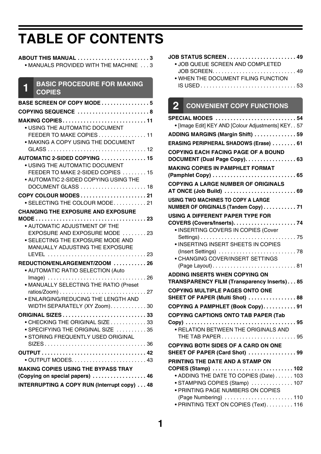 Sharp MX-2300G, MX-4501N, MX-2700N, MX-3501N, MX-2300N, MX-2700G, MX-3500N, MX-4500N manual Table of Contents 