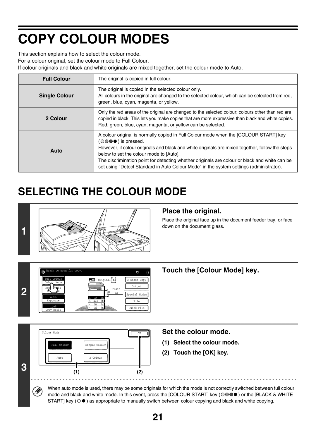 Sharp MX-3500N, MX-4501N Copy Colour Modes, Selecting the Colour Mode, Touch the Colour Mode key, OKSet the colour mode 